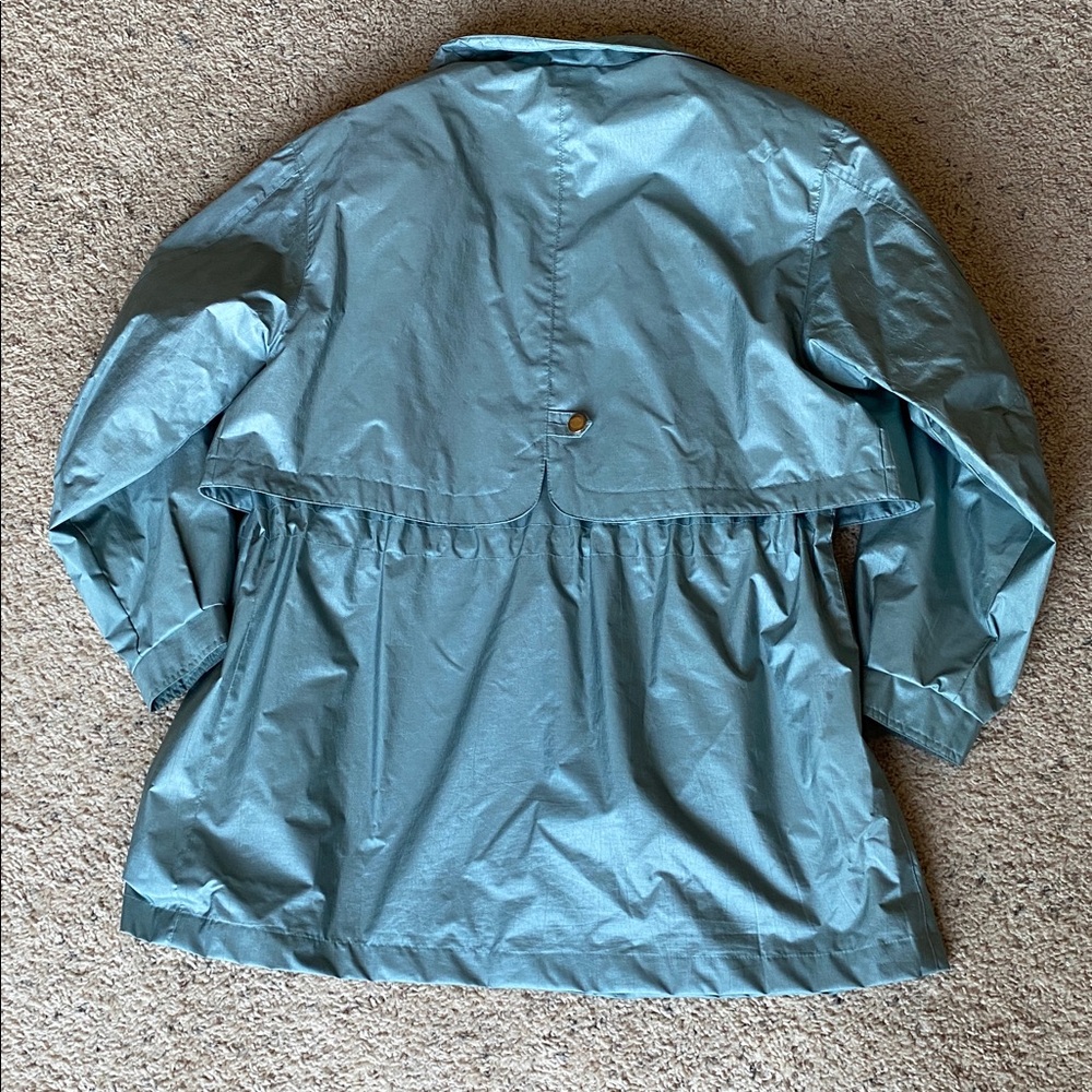 Vintage Fleet Street Teal Shimmer Trench Coat 80s Cinch Waist Jacket - Picture 8 of 8